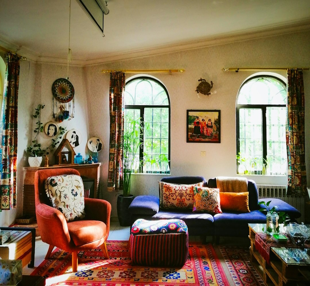 Retro 1980s style living room with bold patterns and vintage furniture